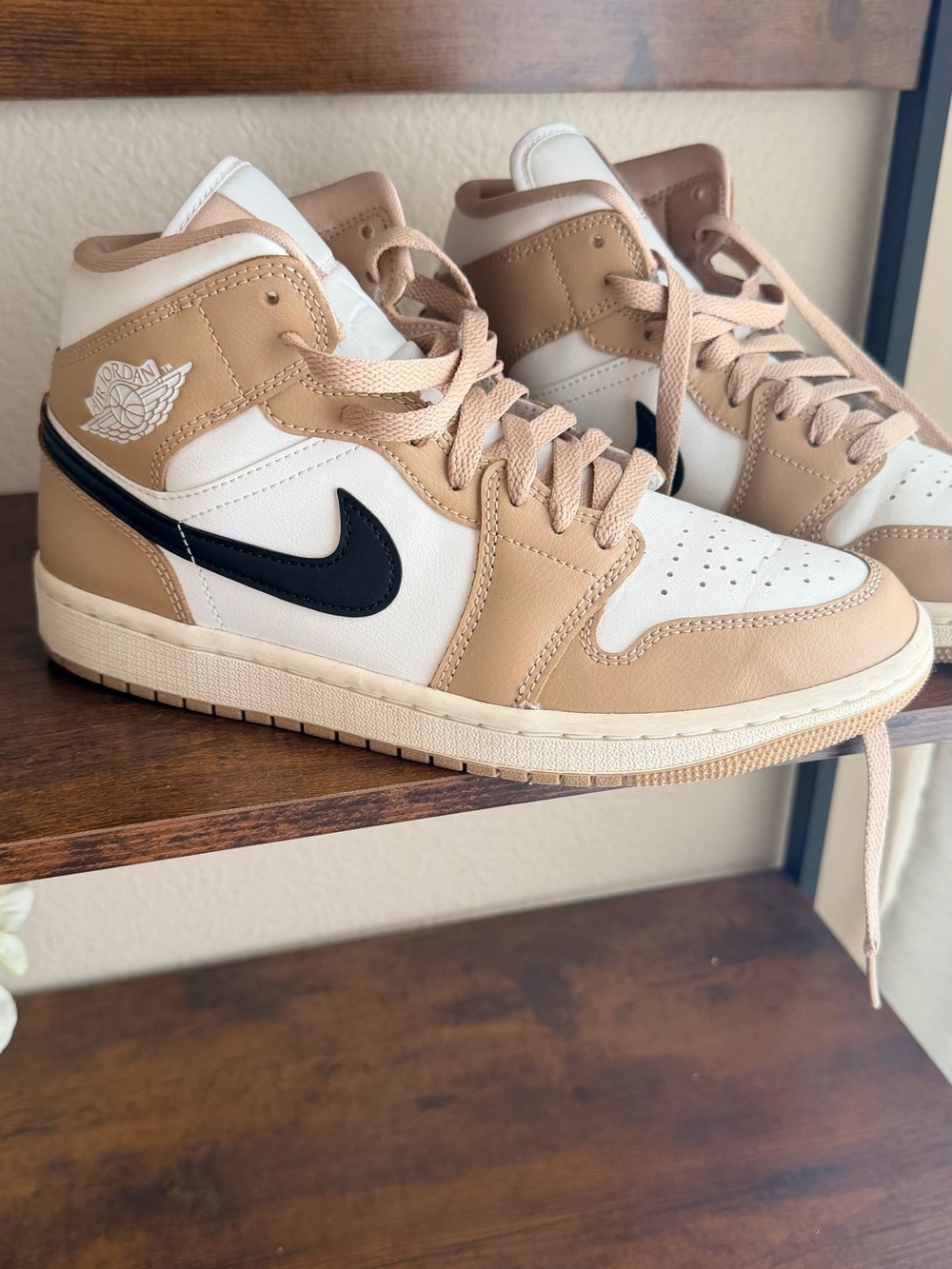 Nike Air Jordan 1 Mid — White, Tan & Black